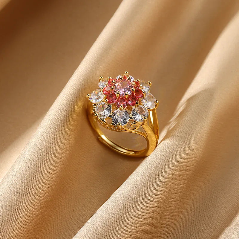 Large Flower Stainless steel zircon Adjustable Ring