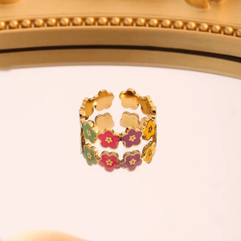 Colorful Flower stainless steel ring adjustable ring